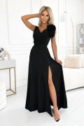 Black long dress with a flower on a wider shoulder strap flared - Anabel