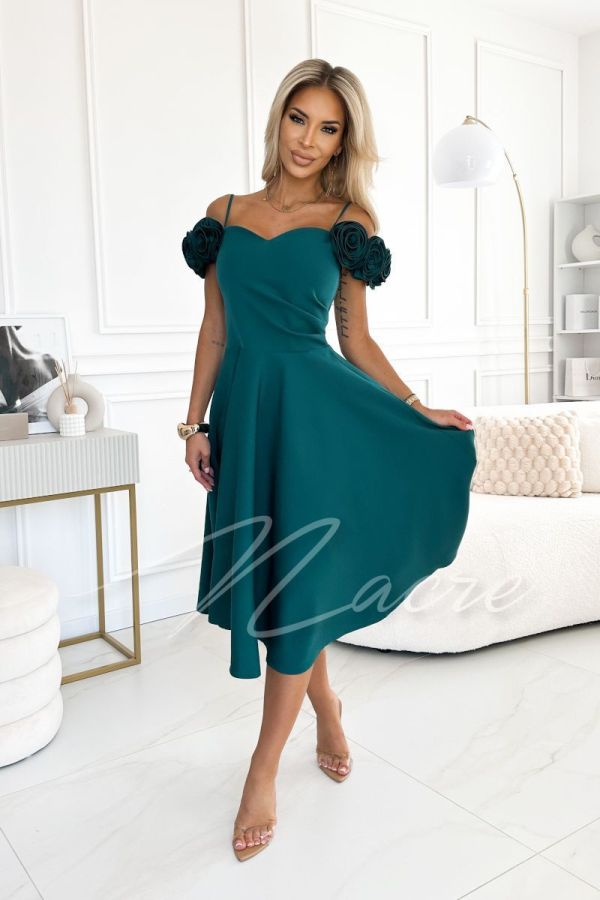 Green flared midi dress with flowers on shoulders - Kendall