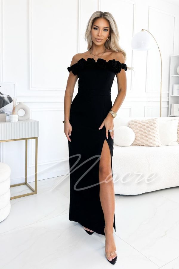 Black long dress with flowers on the neckline - Diva