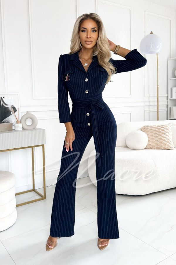 Navy blue striped women's jumpsuit with straight leg - Ibbie