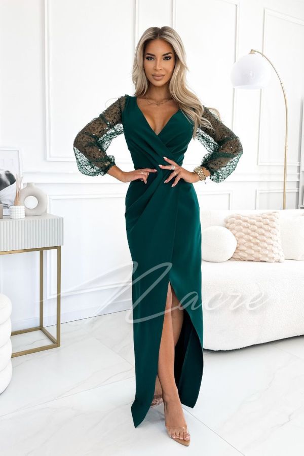 Green maxi dress with sequin sleeves - Elizabeth
