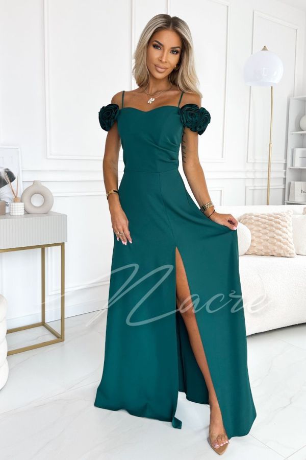 Green maxi dress with dropped shoulders - Linette