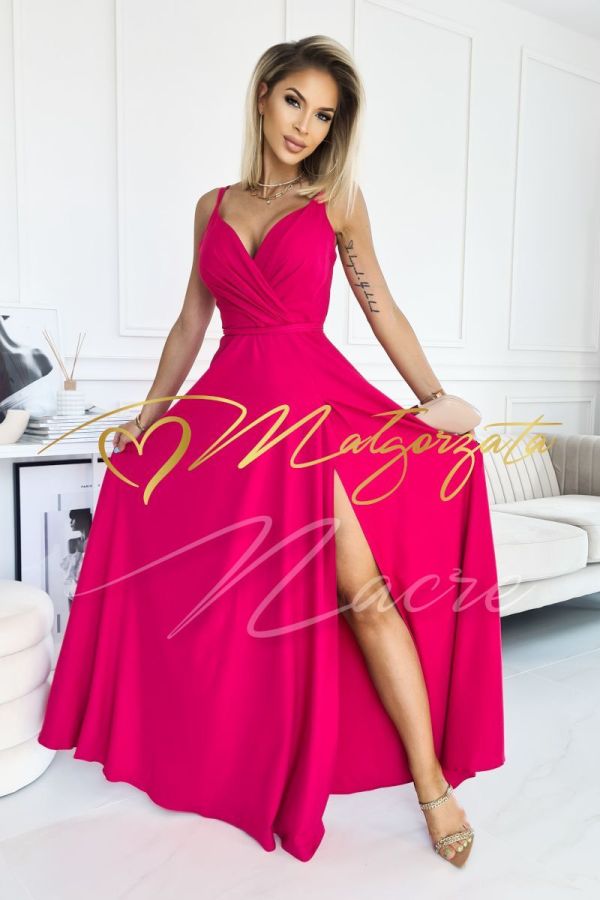 Fuchsia long brocade dress on thin straps with envelope neckline - Julia