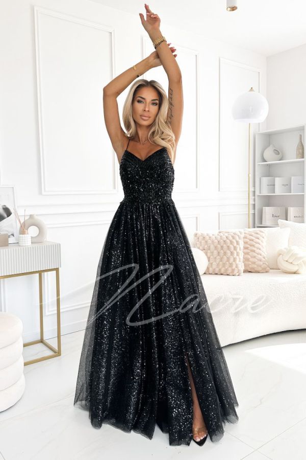 Black tulle long dress with beads - Bianca