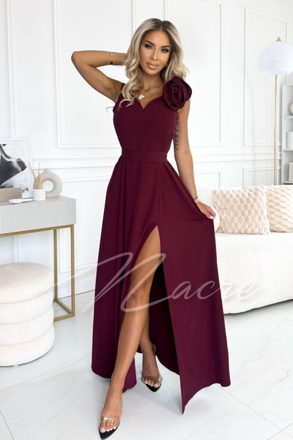 Maroon long dress with a flower on a wider shoulder strap flared - Anabel