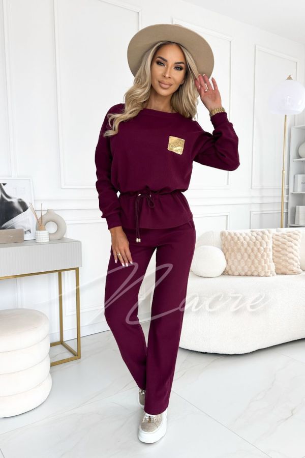 Maroon women's striped cotton knit set with pants - Hugi