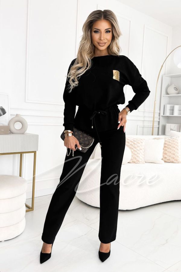 Black women's striped cotton knit set with pants - Hugi