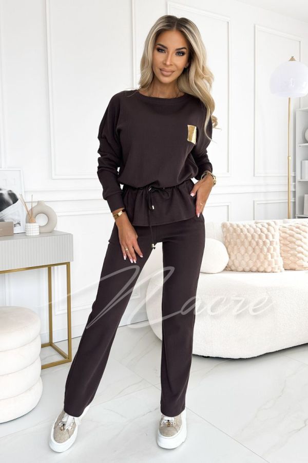 Chocolate women's striped cotton knit set with pants - Hugi