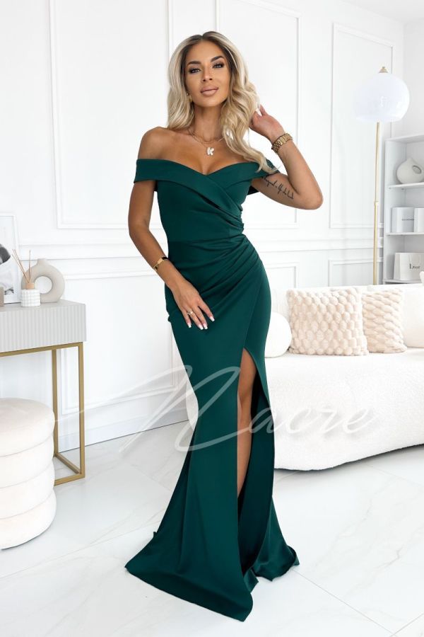 Green maxi dress with dropped shoulders in a fishtail cut - Lola