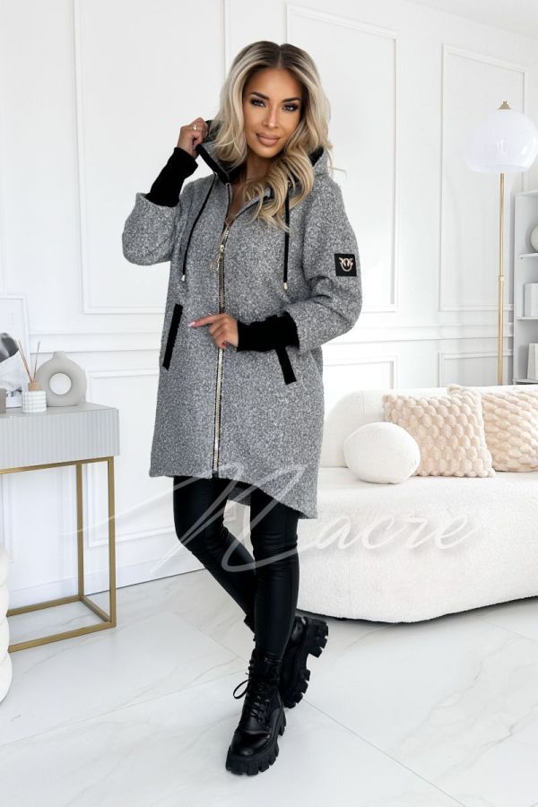 Grey women's jacket in lambskin fabric with hood - Alba