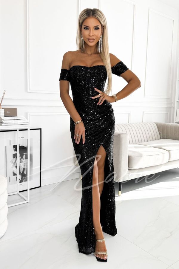 Black sequin corset maxi dress with drop shoulders - Shine
