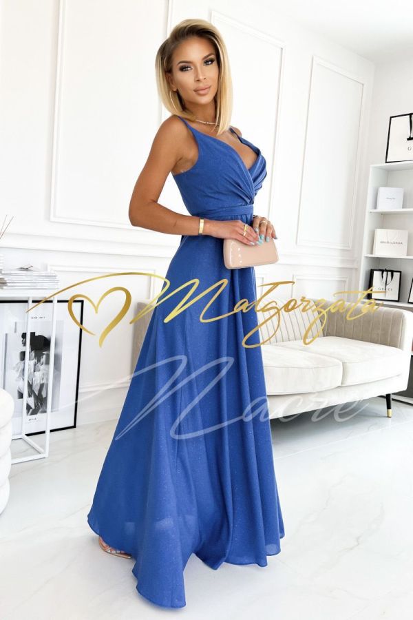 Sapphire long brocade dress on thin straps with envelope neckline - Julia