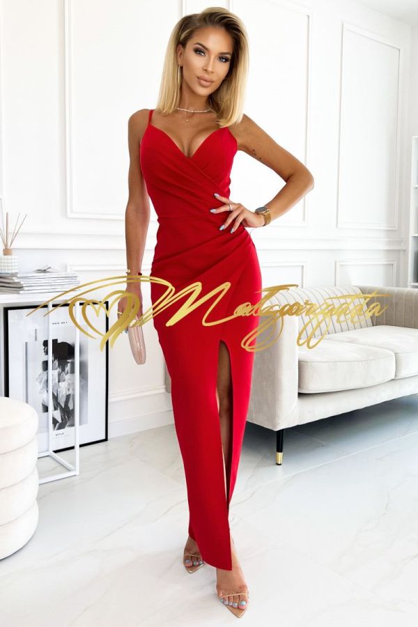 Nina - sukienka maxi dopasowana na cienkich ramiączkach z drapowaniem czerwona