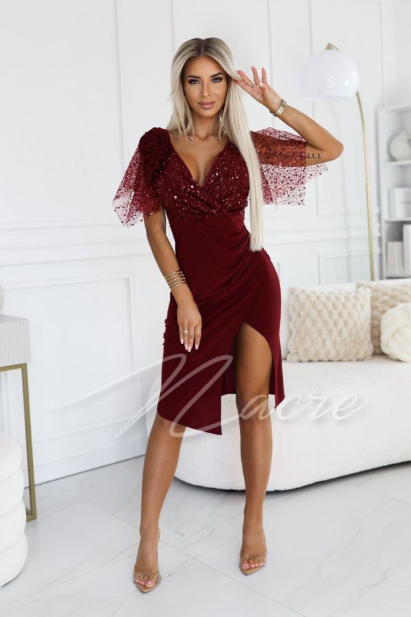 Maroon midi dress with sequins and embellished top - Claudie