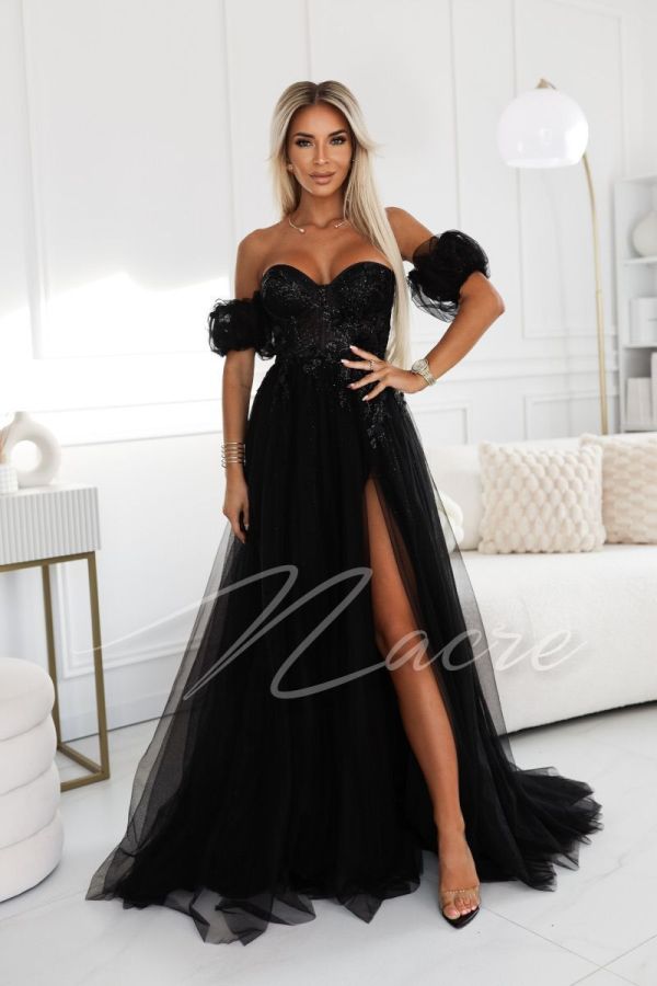 Black corset dress with tulle long richly embellished - Chiara