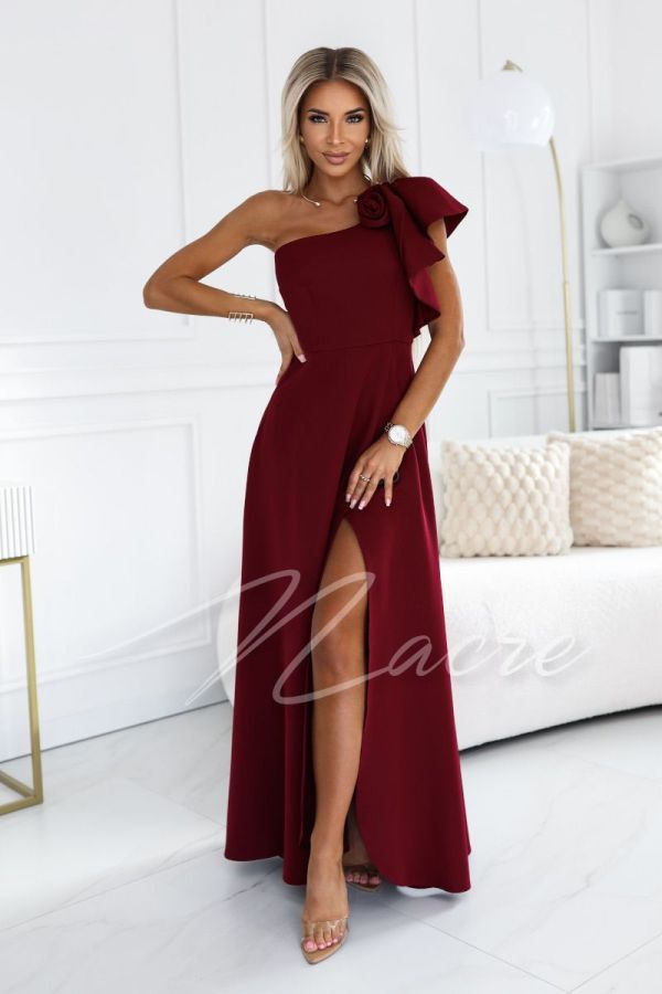 Maroon one-shoulder flared dress with flower - Kora
