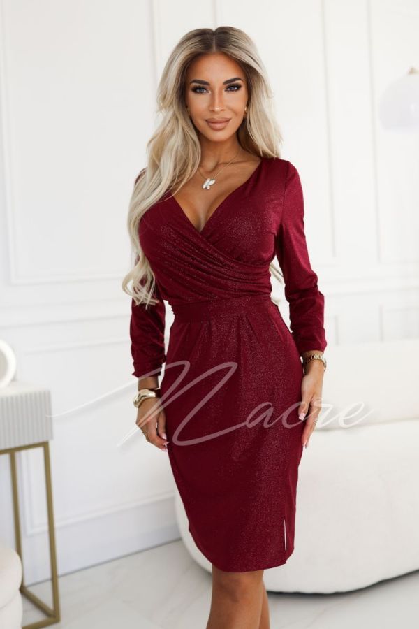 Maroon brocade midi dress with long sleeves - Livia