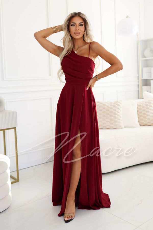 Maroon one-shoulder maxi dress with lacing on the back - Gracja