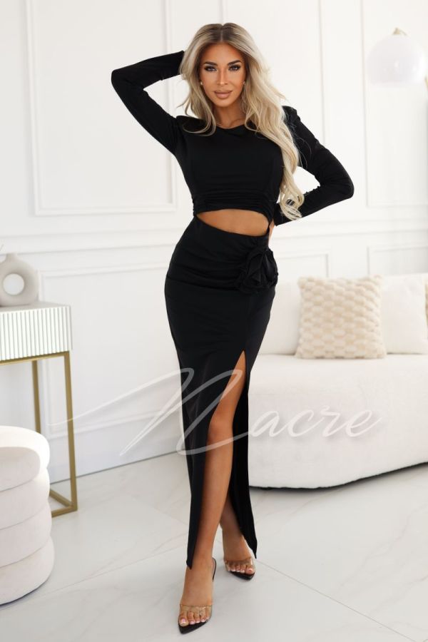 Black maxi dress with waist break and flower - Sonia