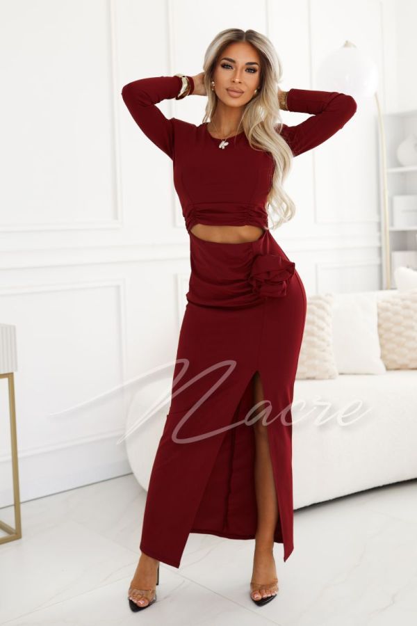 Maroon maxi dress with waist break and flower - Sonia