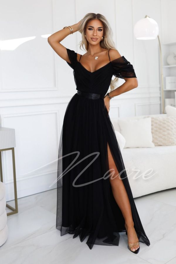 Black tulle maxi dress with dropped shoulders - Adalin