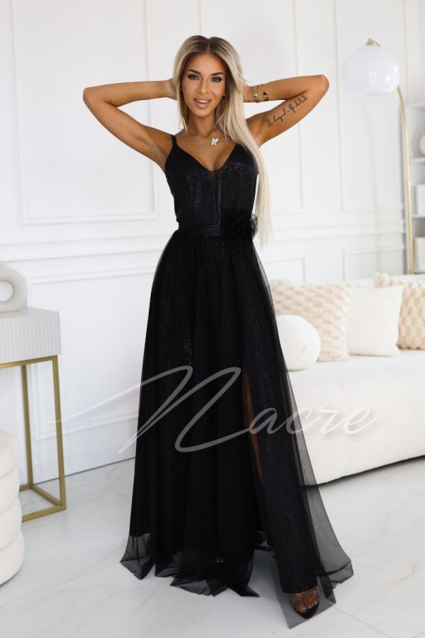Black long tulle dress with thin straps - Chantal