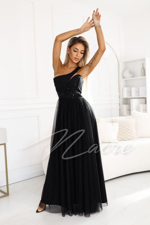 Black one shoulder tulle dress with sequins - Adley