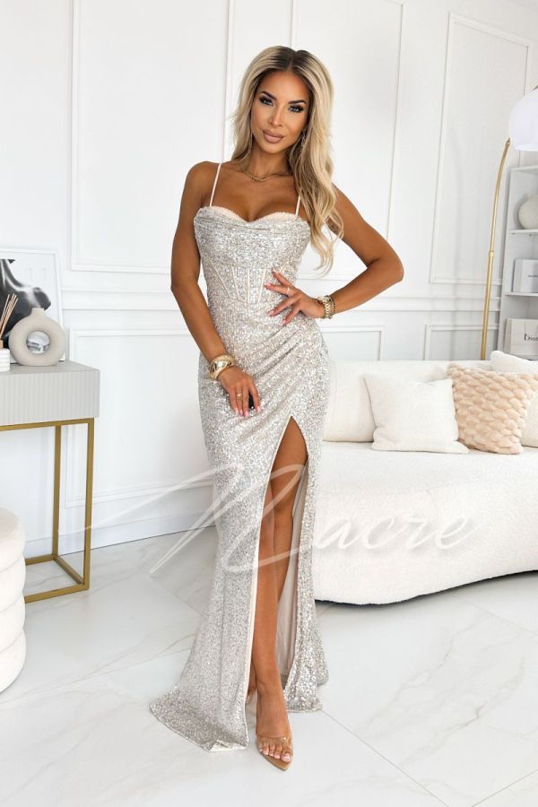 Silver sequin maxi dress with corset laced back - Fenti