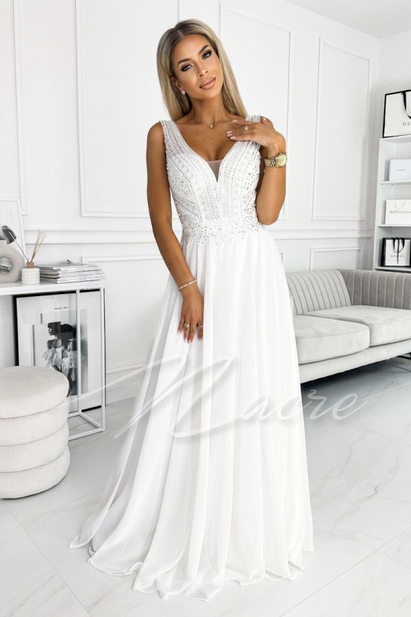 Long white chiffon wedding dress with zircons - Emanuel