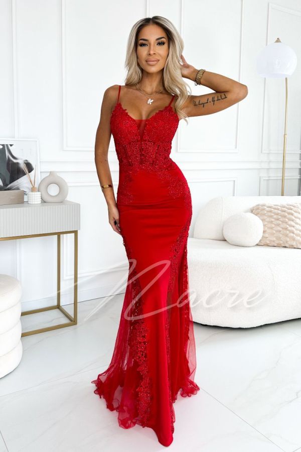 Red fishnet cut dress with appliques - Clair