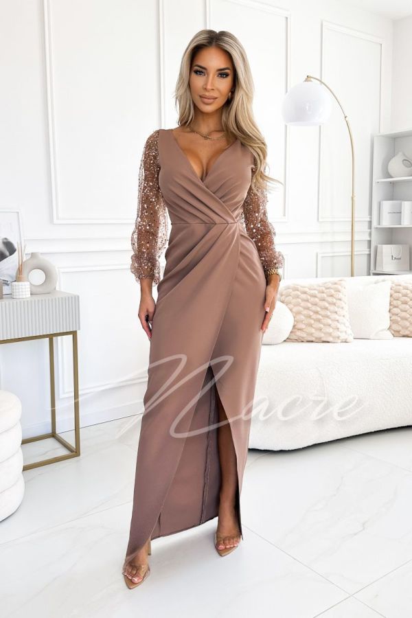 Dark beige maxi dress with sequin sleeves - Elizabeth