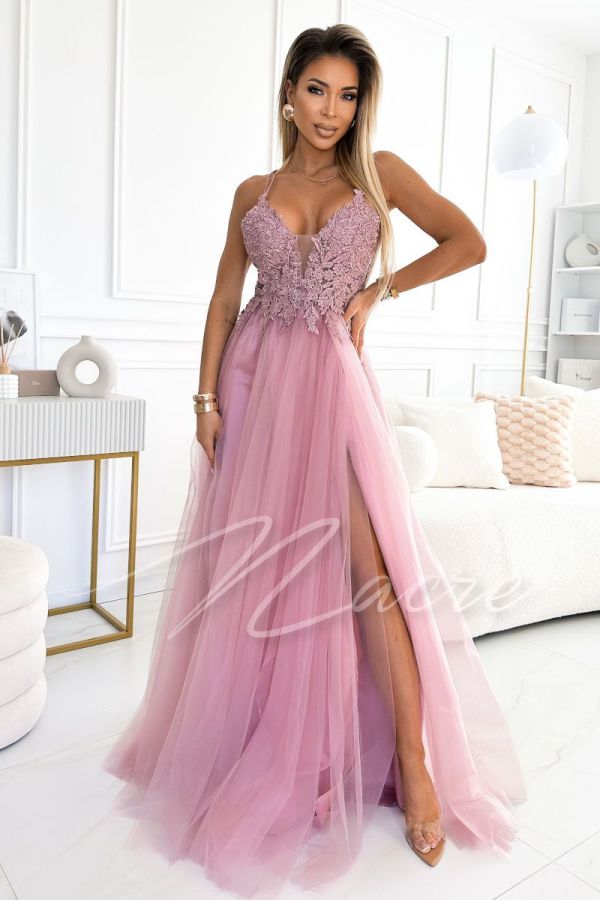 Heather tulle thin strap dress with guipure lace - Ivet