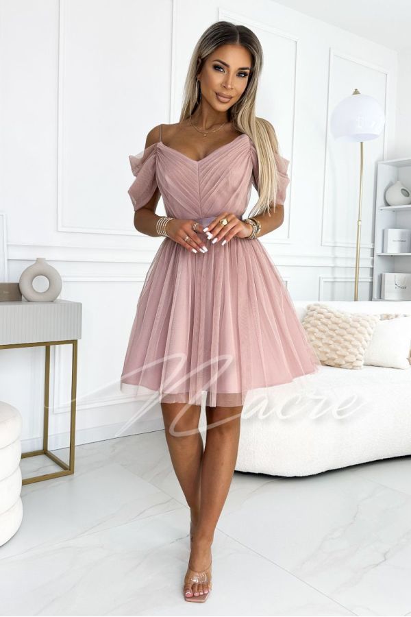 Tulle nude mini dress with dropped shoulders - Almina