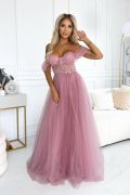Pink corset tulle long dress with drop shoulders - Milagros