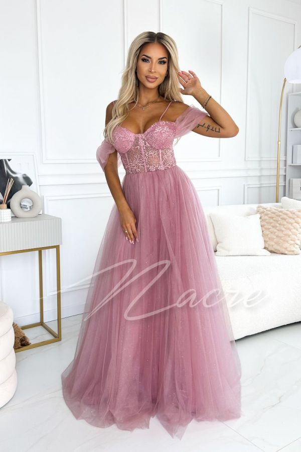 Pink corset tulle long dress with drop shoulders - Milagros