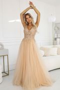 Beige tulle maxi dress with lace top - Morena