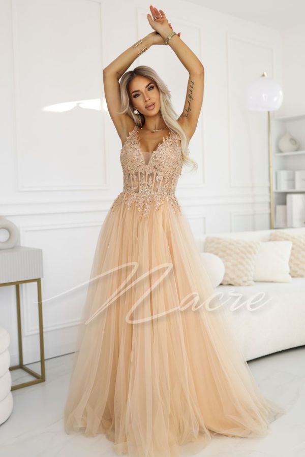 Beige tulle maxi dress with lace top - Morena