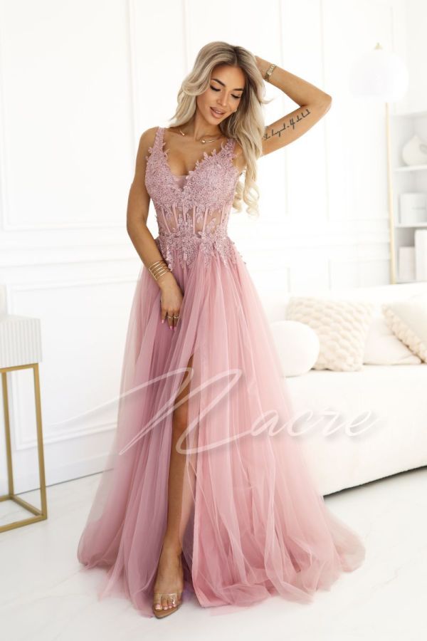 Pink tulle maxi dress with lace top - Morena