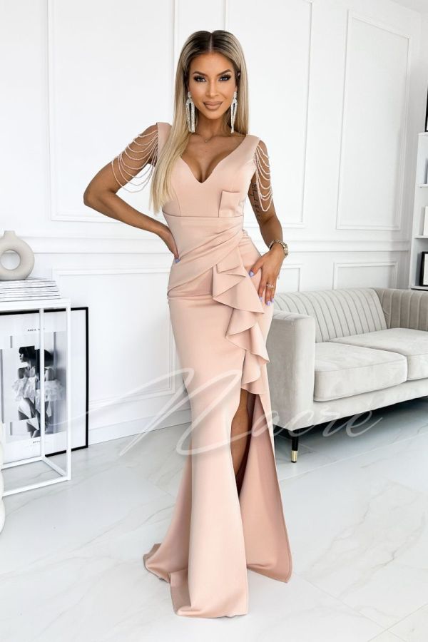 Beige phenomenal long beaded dress - Keisha