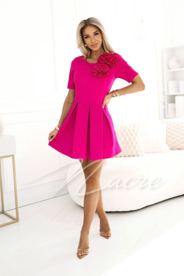 Fuchsia flared mini dress with decorative flower - Camellia