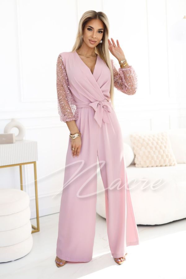 Pink women's jumpsuit with sequined sleeves - Maricela