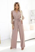 Women's mocha jumpsuit with sequined sleeves - Maricela