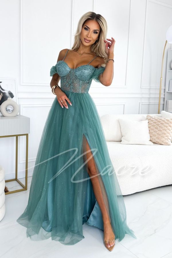 Pistachio wedding maxi dress with drop shoulders - Milagros