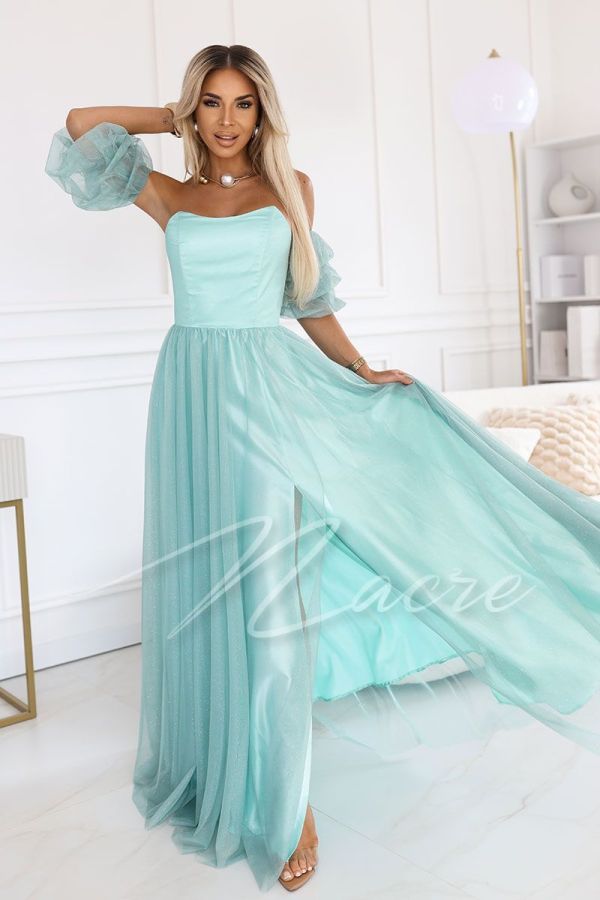 Pistachio tulle wedding maxi dress with buff sleeves - Ofelia