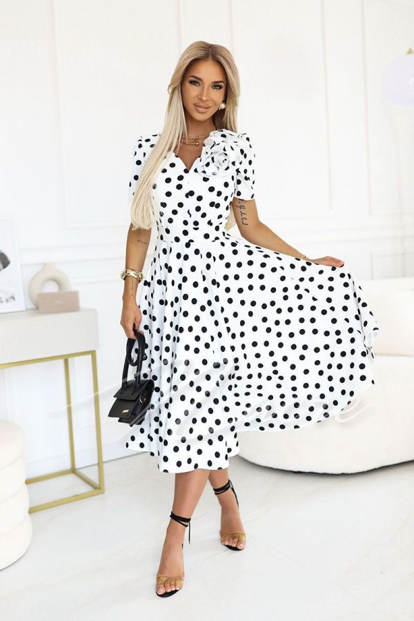 Flared midi dress for wedding with black peas on white background - Ernesta