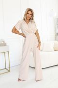 Beige women's jumpsuit with wide pants and roses - Katrin