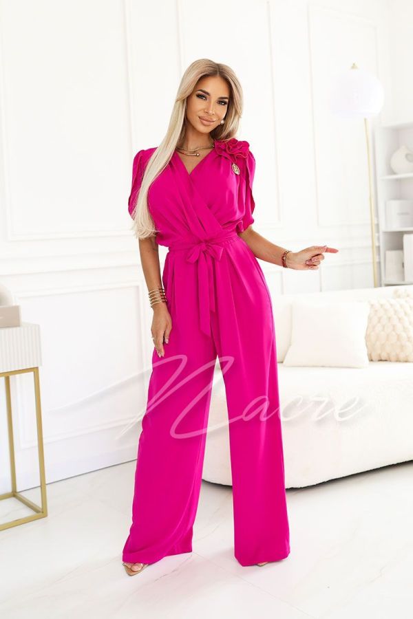 Fuchsia women's jumpsuit with wide pants and roses - Katrin