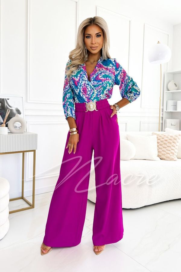 Women's fuchsia print jumpsuit with wide pants - Wiki