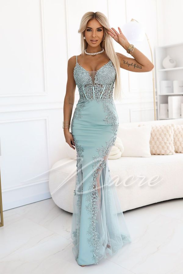 Pistachio fish cut dress with appliques - Clair