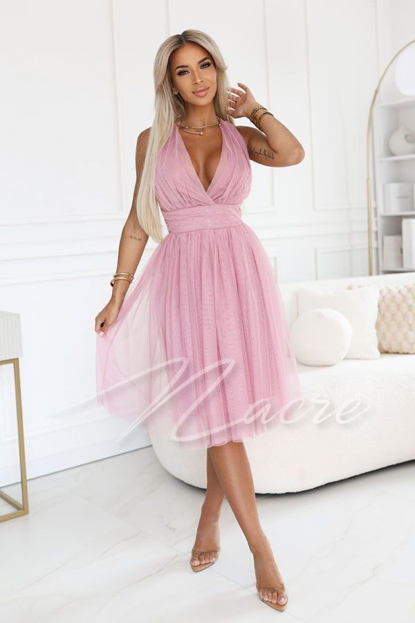 Pink tulle midi dress with neck tie - Enrica